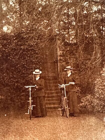 Two women with bicycles in the grounds of Spean Lodge, c.1890s